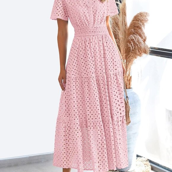 Womens 2025 Summer Maxi Dress Short Sleeve V Neck Hollow Out Eyelet A Line Long - Picture 4 of 7